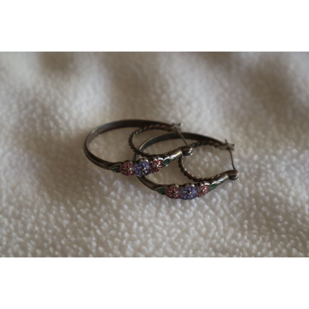 Vintage NV Nevada Silver Mine Sterling 925 Double Hoop Earrings Enamel Flower - Picture 11 of 12